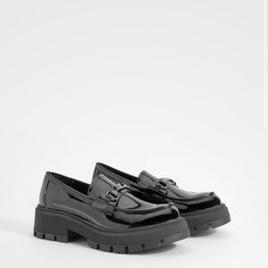 Patent chunky t bar loafers